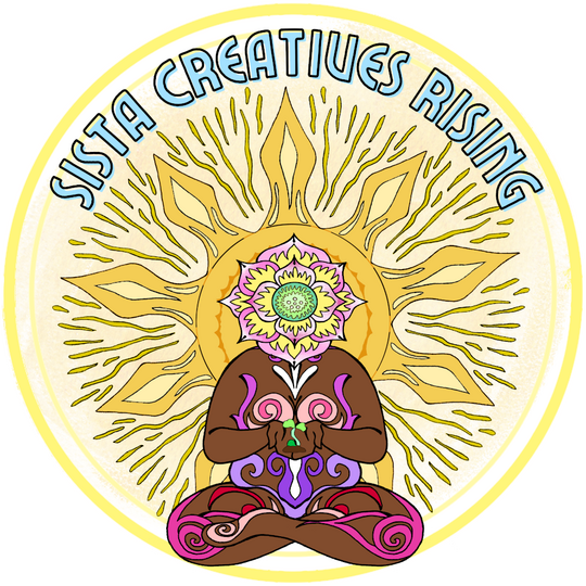 Sista Creatives Rising Logo. Shown is a thick-bodied dark skin Black femme with swirls of pinks and purples on her body. Her head is a lotus flower.. She is cupping a green sprout in front of her breasts. Behind her is an intricate yellow sun.